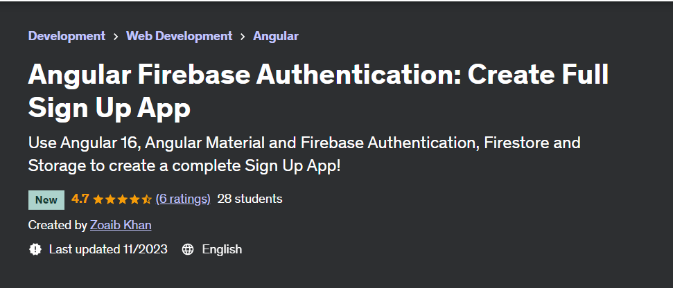 Current landing page of Angular Firebase Authentication Course