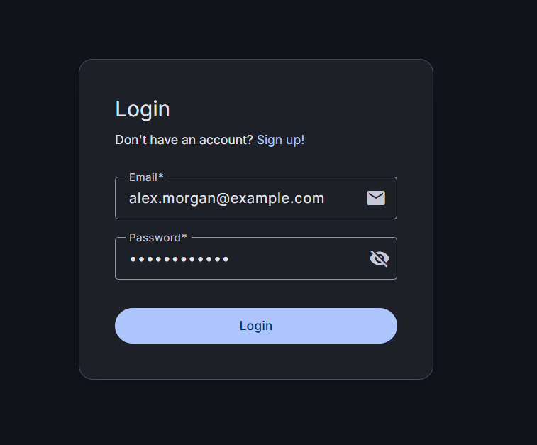 Angular Dashboard login screen with email and password fields