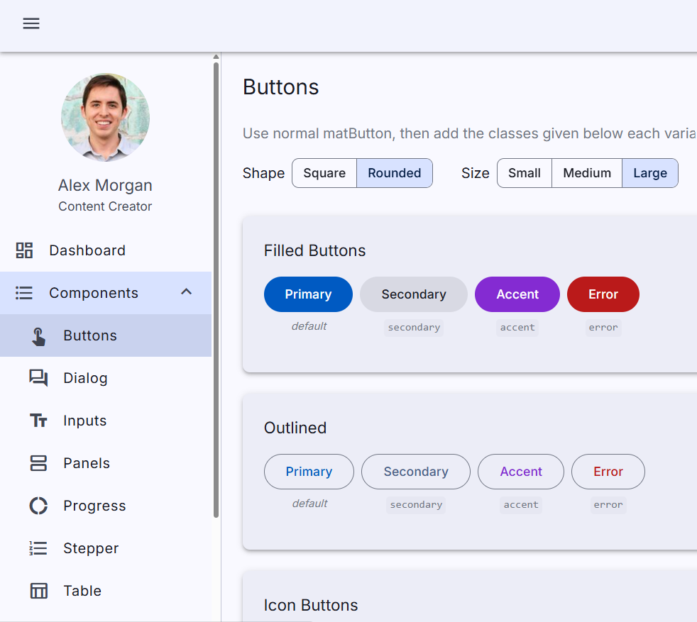 Angular Dashboard nested sidebar open on the Buttons components page