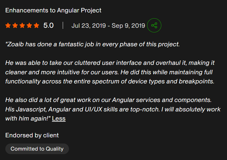 Upwork review: Fixed-scope UI & feature delivery